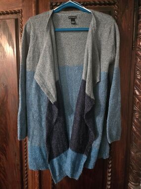 Teal-grey Waterfall Open-Front Colorblock Sweater